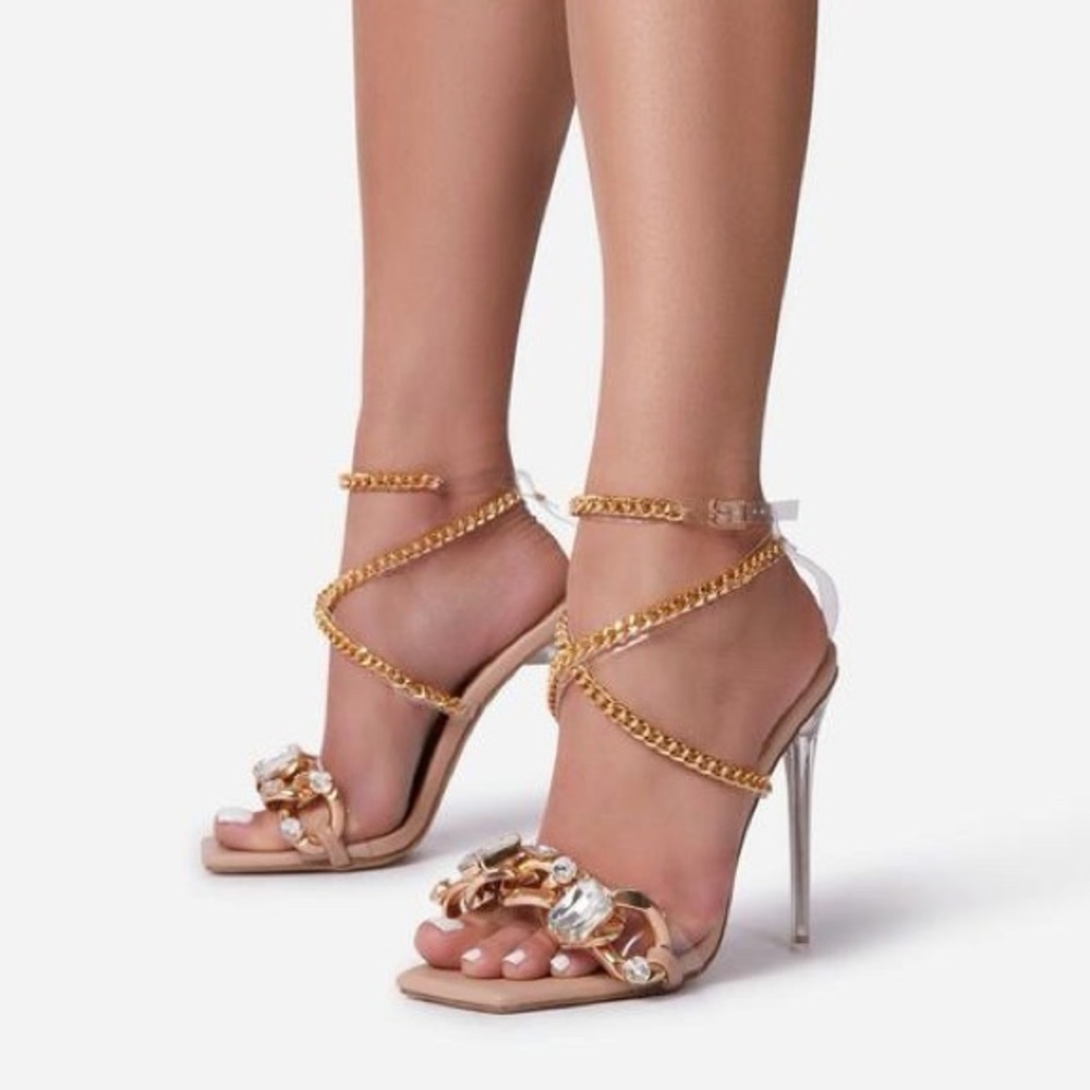 DIAMANTÉ NUDE GEM CHAIN DETAIL SQUARE TOE CLEAR